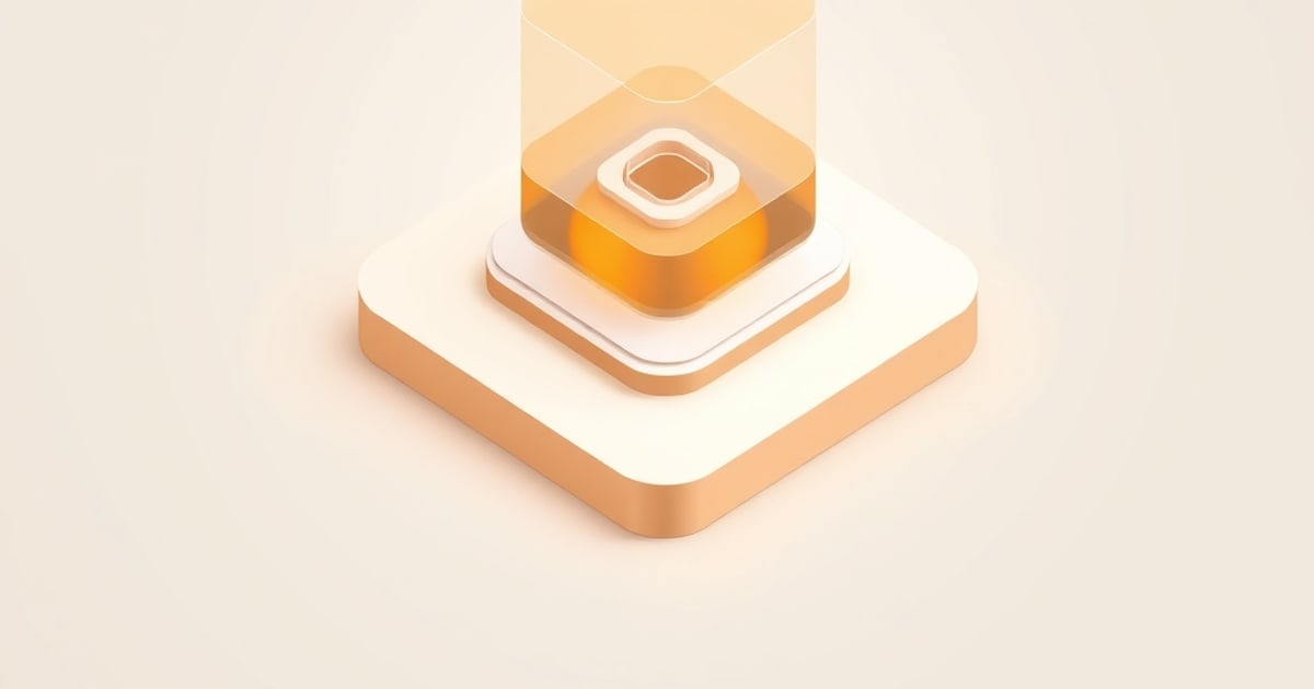 Flat isometric illustration of a translucent amber cube revealing stacked inner layers, set on a pale rounded platform.
