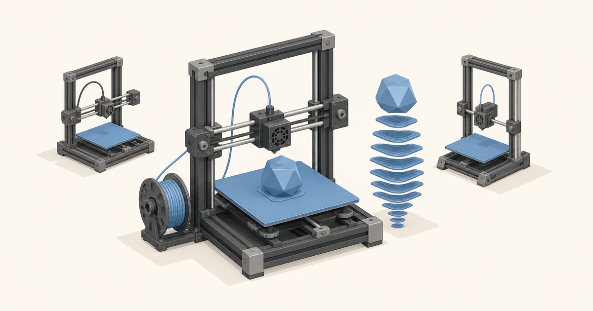 Three isometric 3D printers with blue print beds flank a stack of sliced horizontal layers building up to a solid polygonal shape, illustrating slicer software translating a model into printable layers.