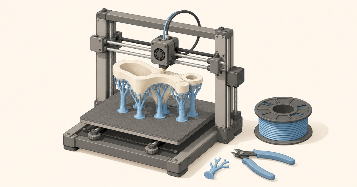 A desktop 3D printer builds a beige PLA part on branching blue tree supports, beside a blue filament spool and flush cutters.
