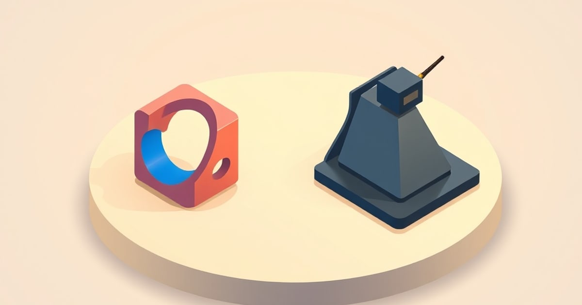 Flat isometric illustration of a red-orange printed bracket with a blue bore beside a dark grey nozzle assembly on a cream oval platform.